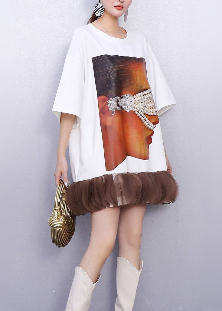 Fashion White Nail Bead Patchwork Cotton Mini Dress Summer