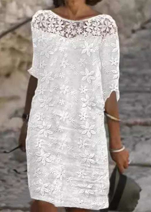 Fashion White O Neck Embroidered Patchwork Cotton Dress Summer