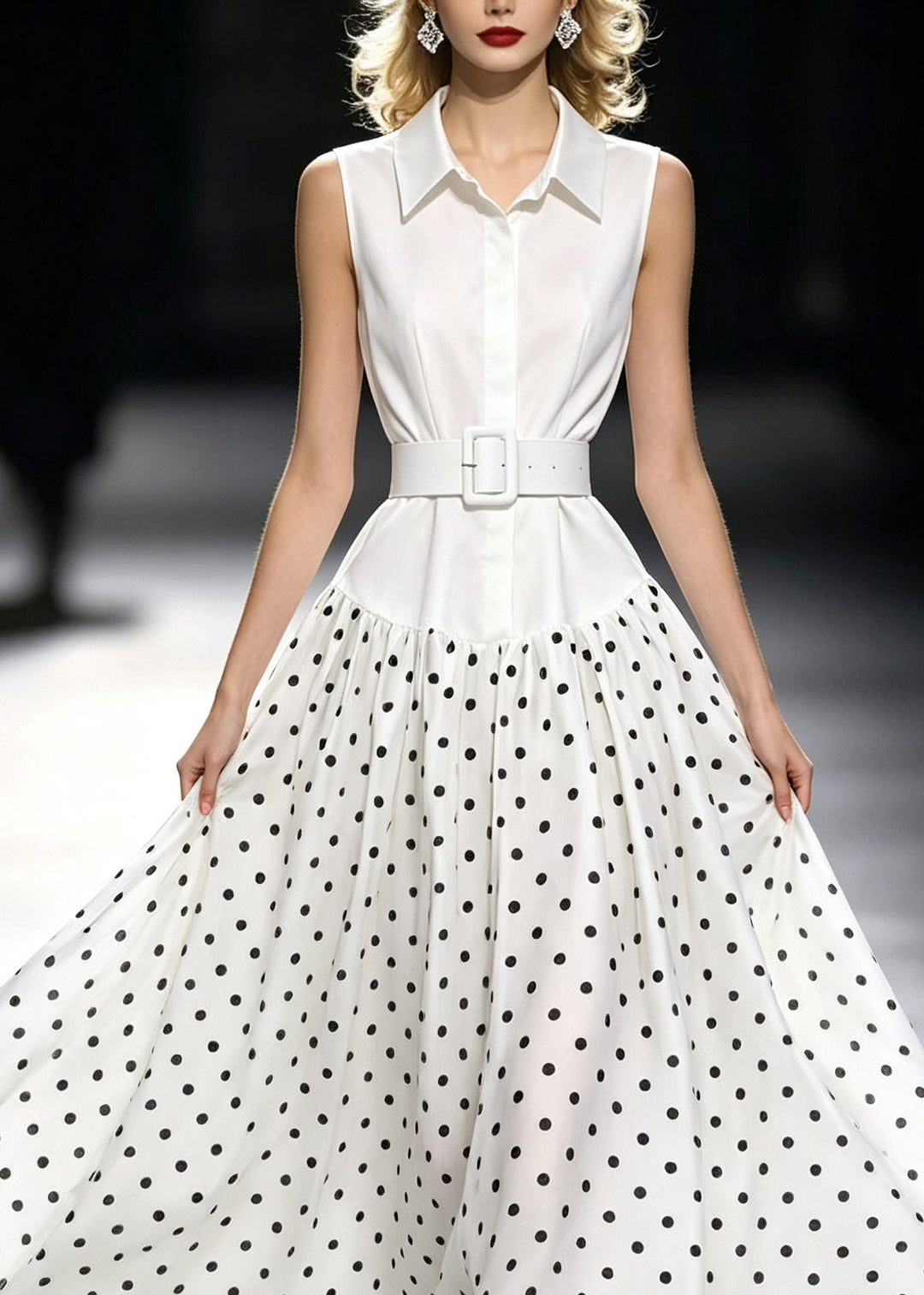 Fashion White Peter Pan Collar Dot Print Maxi Dress Sleeveless