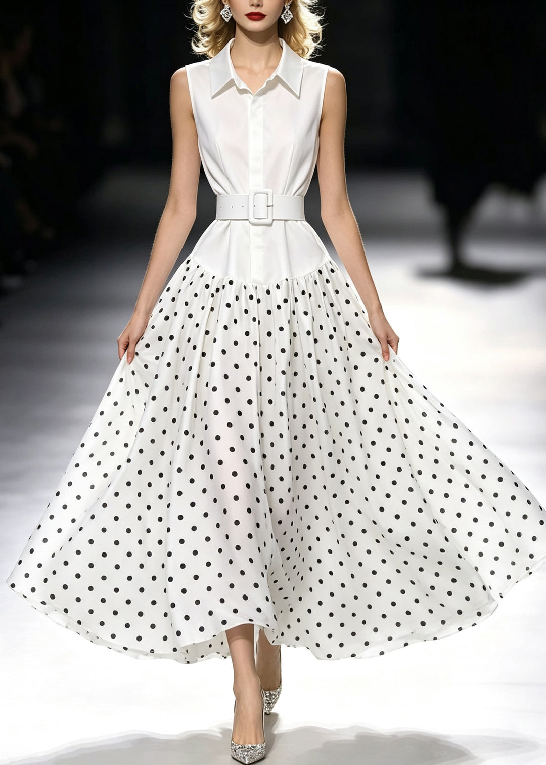 Fashion White Peter Pan Collar Dot Print Maxi Dress Sleeveless