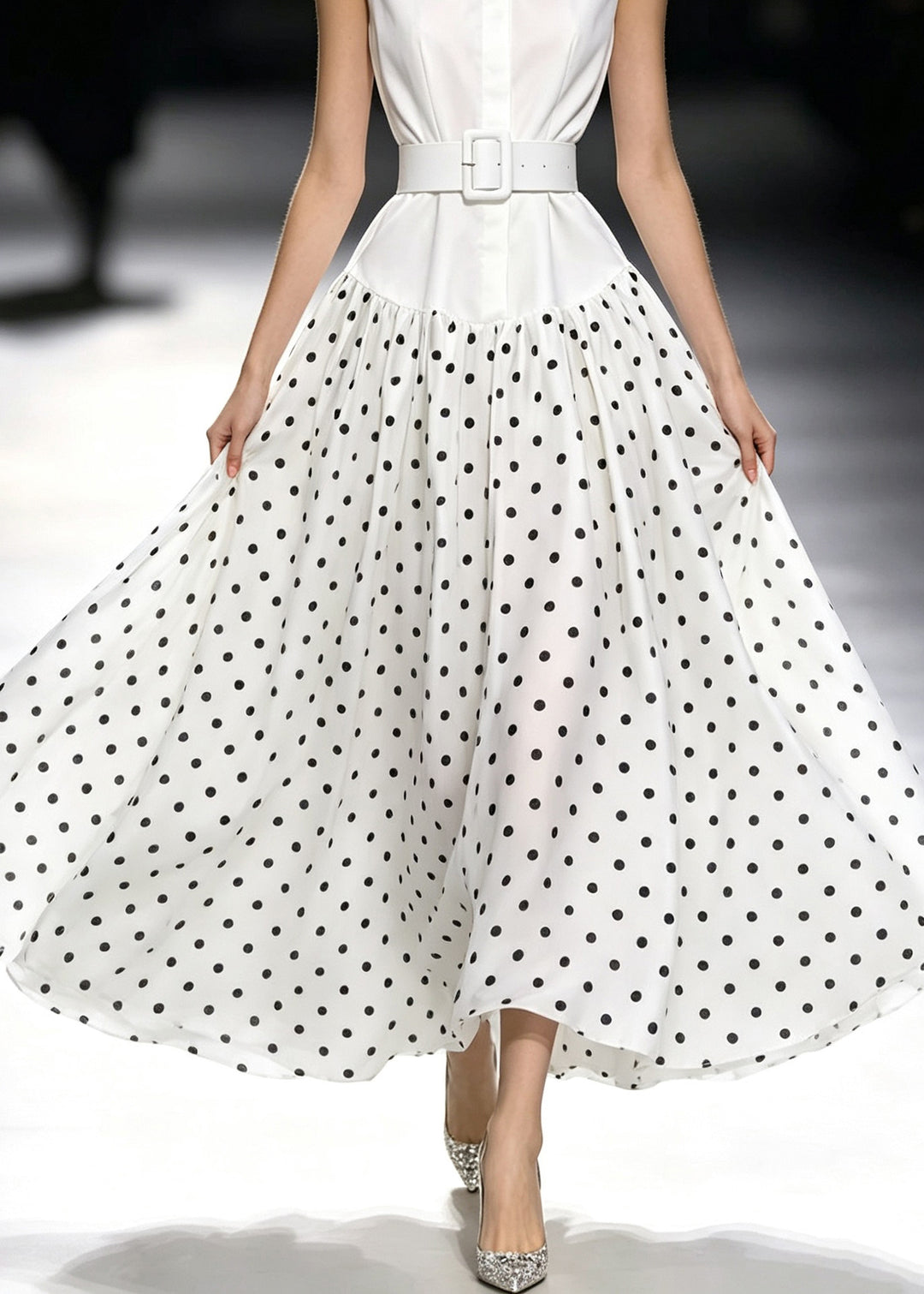 Fashion White Peter Pan Collar Dot Print Maxi Dress Sleeveless