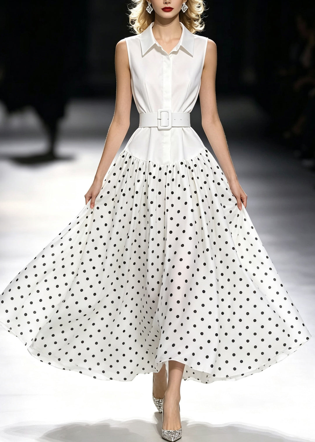 Fashion White Peter Pan Collar Dot Print Maxi Dress Sleeveless