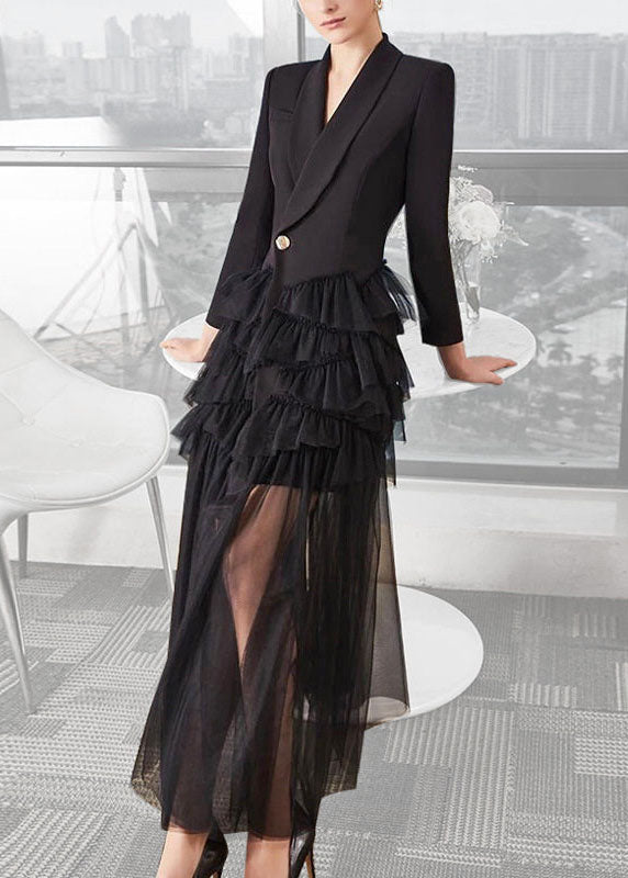 Fashion White Peter Pan Collar Ruffled Asymmetrical Patchwork Tulle Dress Long Sleeve