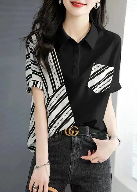 Fashion White Peter Pan Collar Striped Patchwork Top Short Sleeve