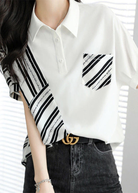 Fashion White Peter Pan Collar Striped Patchwork Top Short Sleeve
