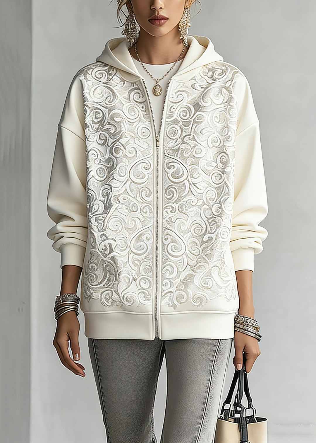 Fashion White Print Zippered Hoodies Fall Outwear