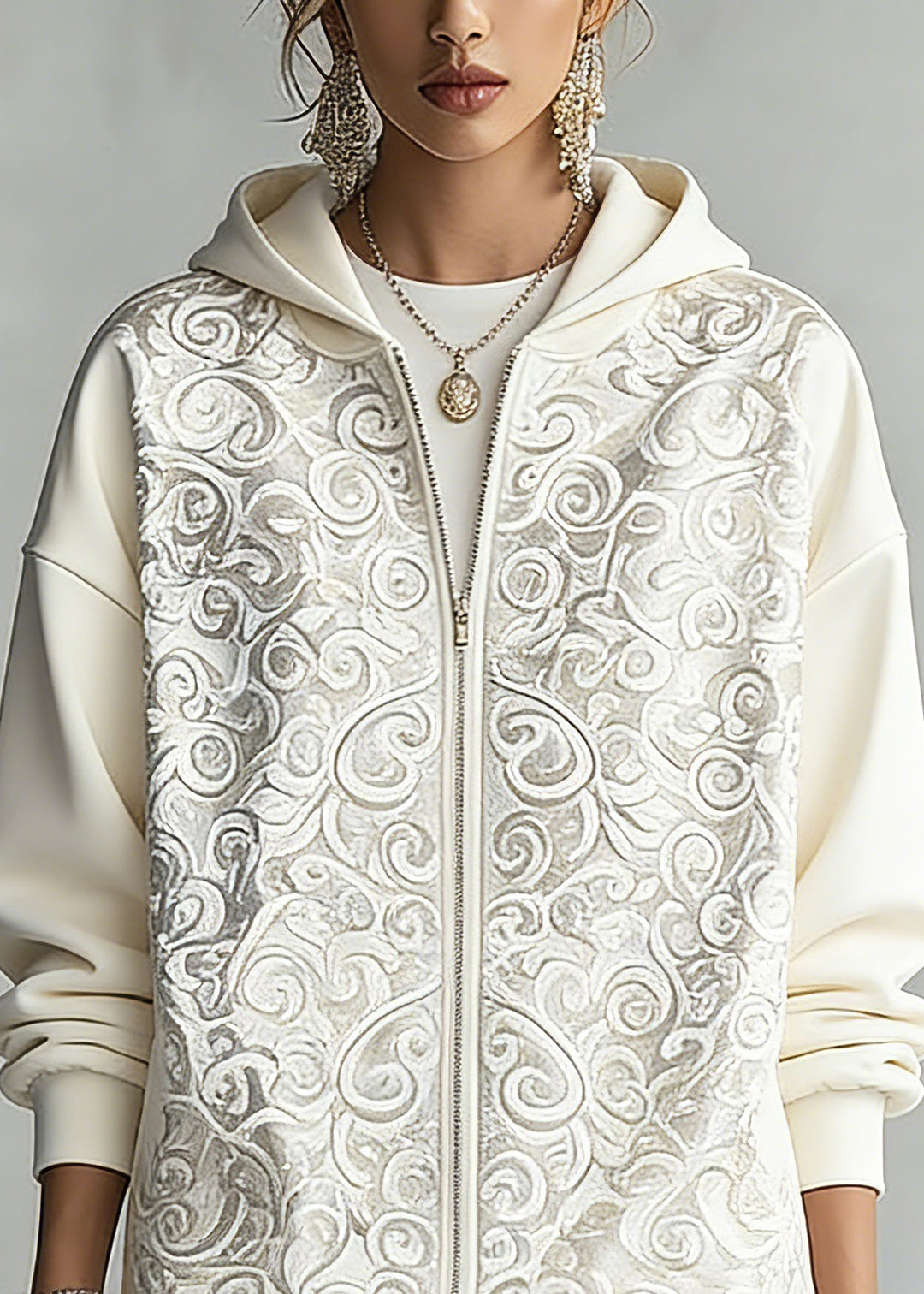 Fashion White Print Zippered Hoodies Fall Outwear