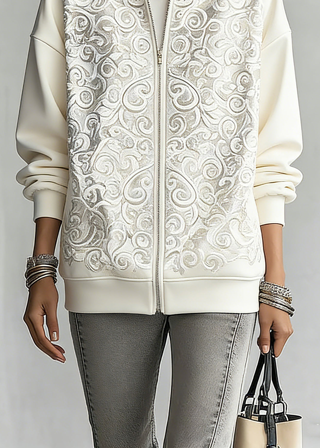 Fashion White Print Zippered Hoodies Fall Outwear