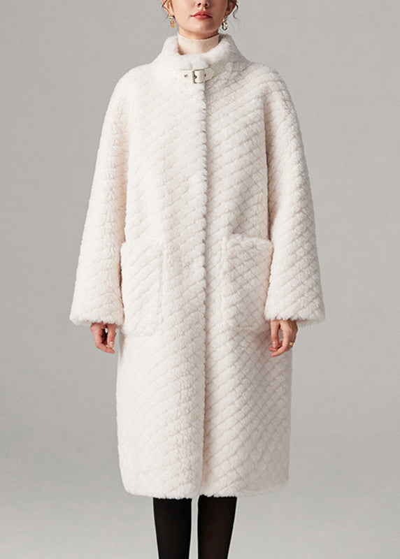 Fashion White Stand Collar Pockets Solid Faux Fur Maxi Coats Winter