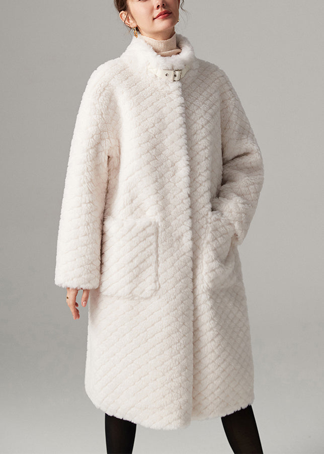 Fashion White Stand Collar Pockets Solid Faux Fur Maxi Coats Winter