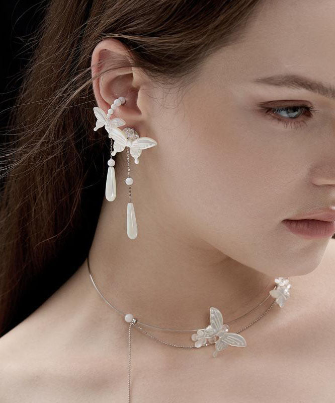 Fashion White Sterling Silver Pearl Butterfly Water Drop Drop Earrings