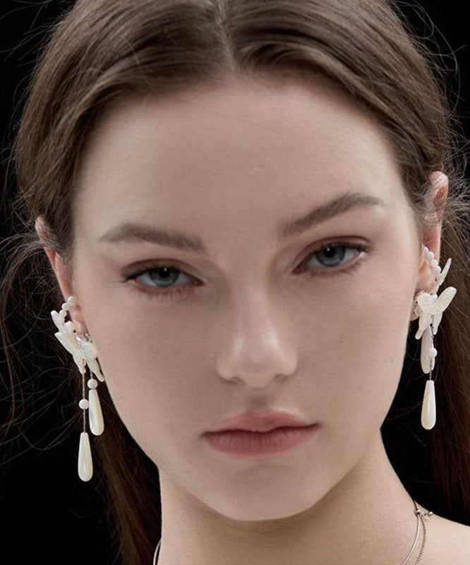 Fashion White Sterling Silver Pearl Butterfly Water Drop Drop Earrings