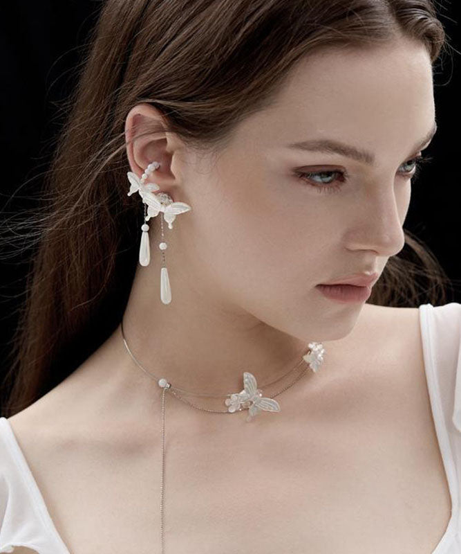 Fashion White Sterling Silver Pearl Butterfly Water Drop Drop Earrings