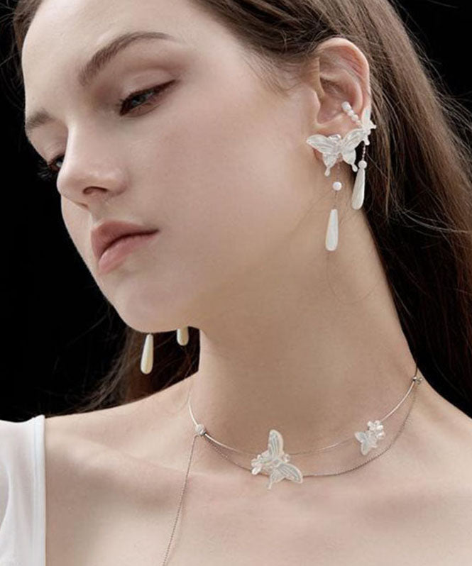 Fashion White Sterling Silver Pearl Butterfly Water Drop Drop Earrings