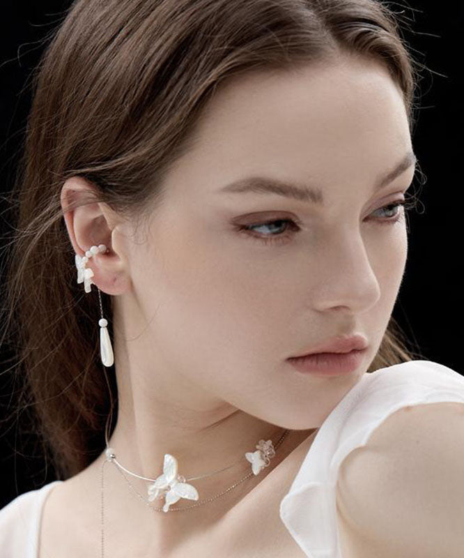 Fashion White Sterling Silver Pearl Butterfly Water Drop Drop Earrings