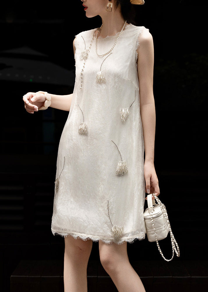 Fashion White Tasseled Patchwork Silk Tea Dresses Summer