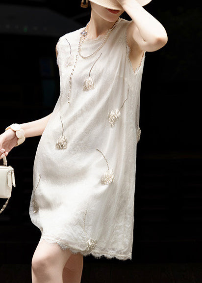 Fashion White Tasseled Patchwork Silk Tea Dresses Summer