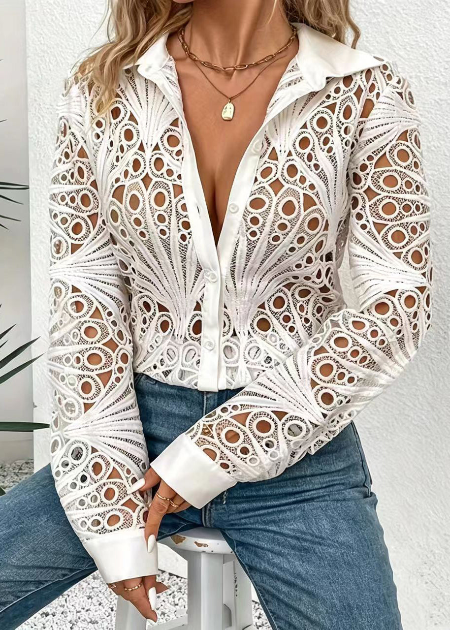 Fashion White Turn-Down Collar Hollow Out Lace Shirts Fall