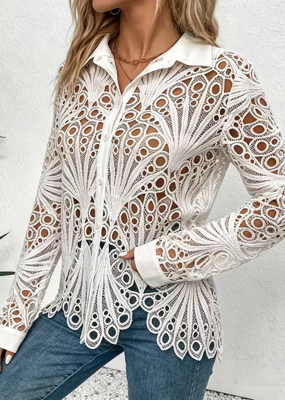 Fashion White Turn-Down Collar Hollow Out Lace Shirts Fall