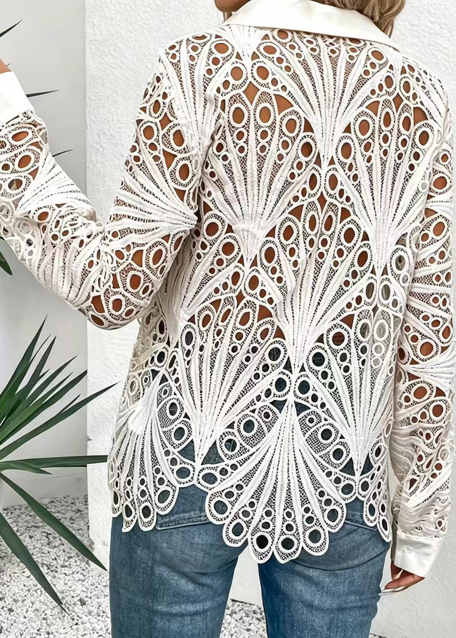 Fashion White Turn-Down Collar Hollow Out Lace Shirts Fall