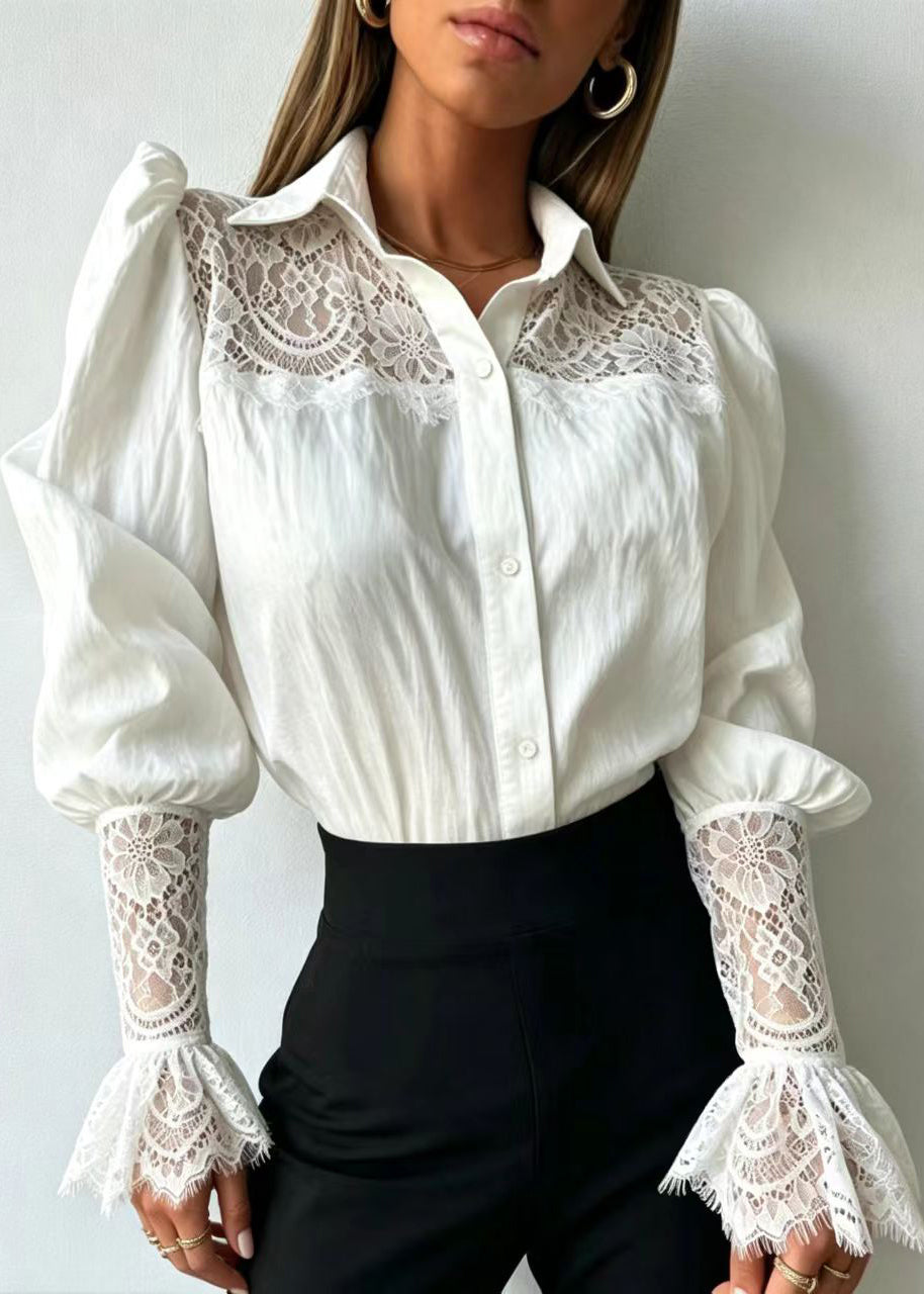 Fashion White Turn-Down Collar Patchwork Lace Shirt Tops Fall