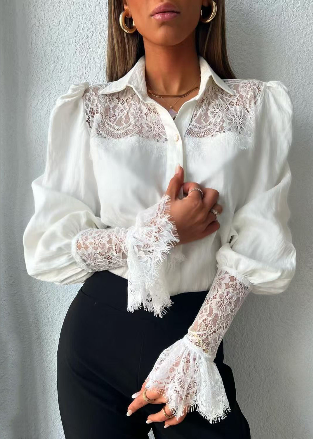 Fashion White Turn-Down Collar Patchwork Lace Shirt Tops Fall