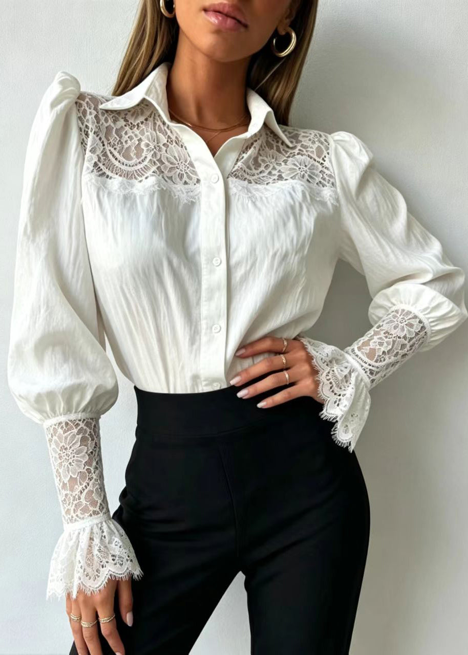 Fashion White Turn-Down Collar Patchwork Lace Shirt Tops Fall