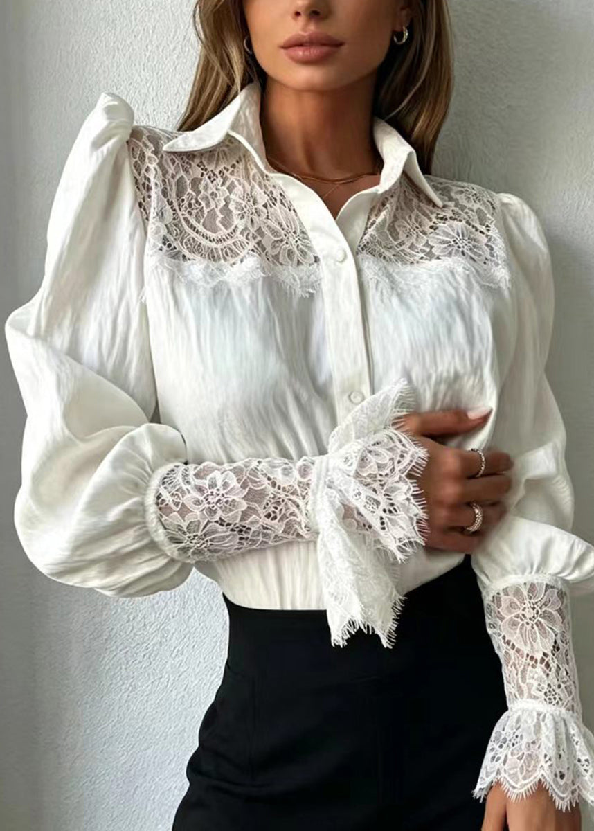 Fashion White Turn-Down Collar Patchwork Lace Shirt Tops Fall