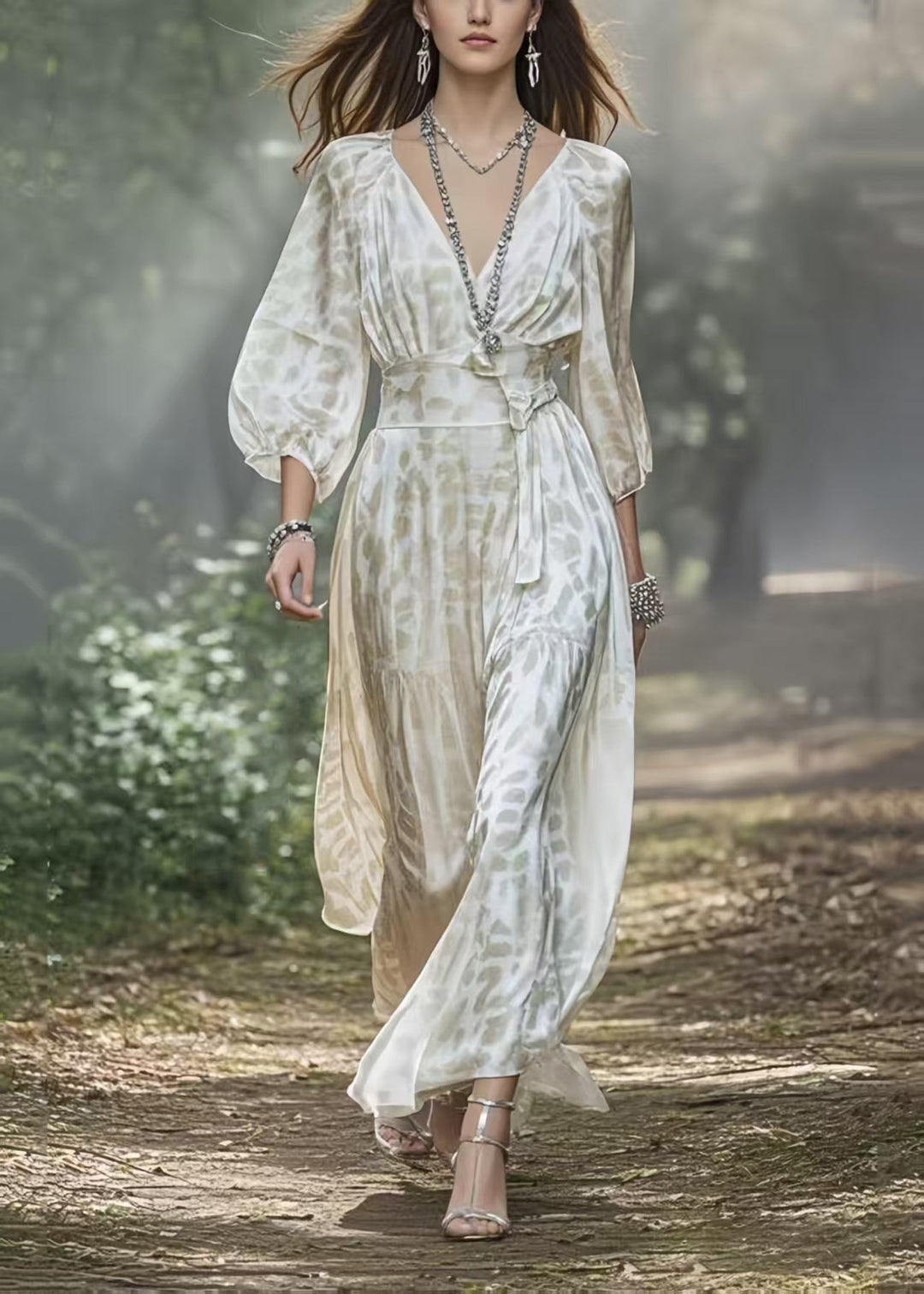 Fashion White V Neck Draping Silk Holiday Dress Lantern Sleeve