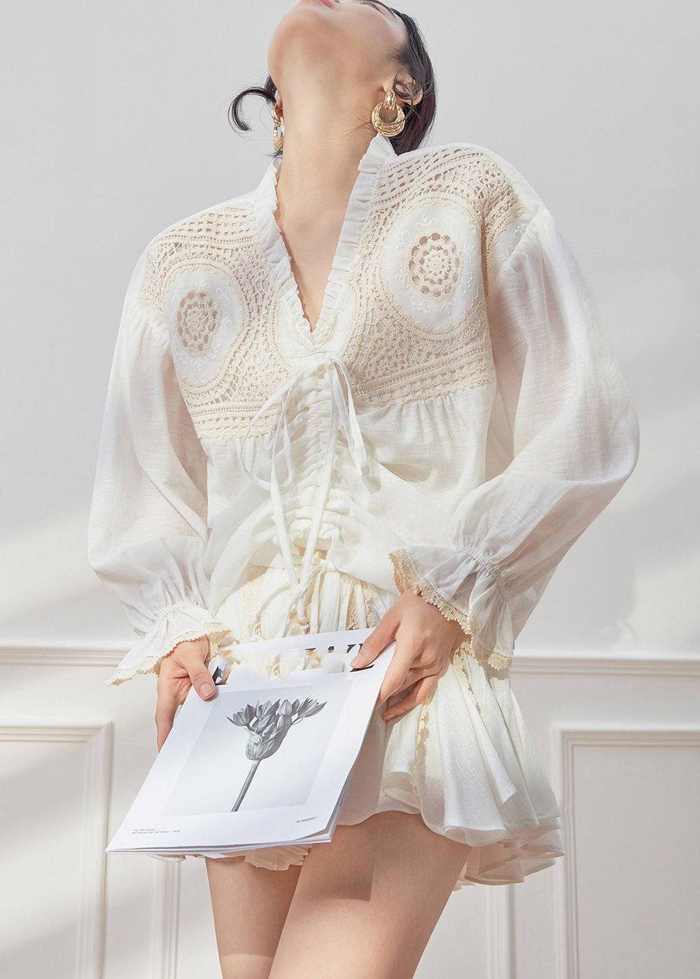 Fashion White V Neck Drawstring Shirt And Skirts Two Piece Set Spring