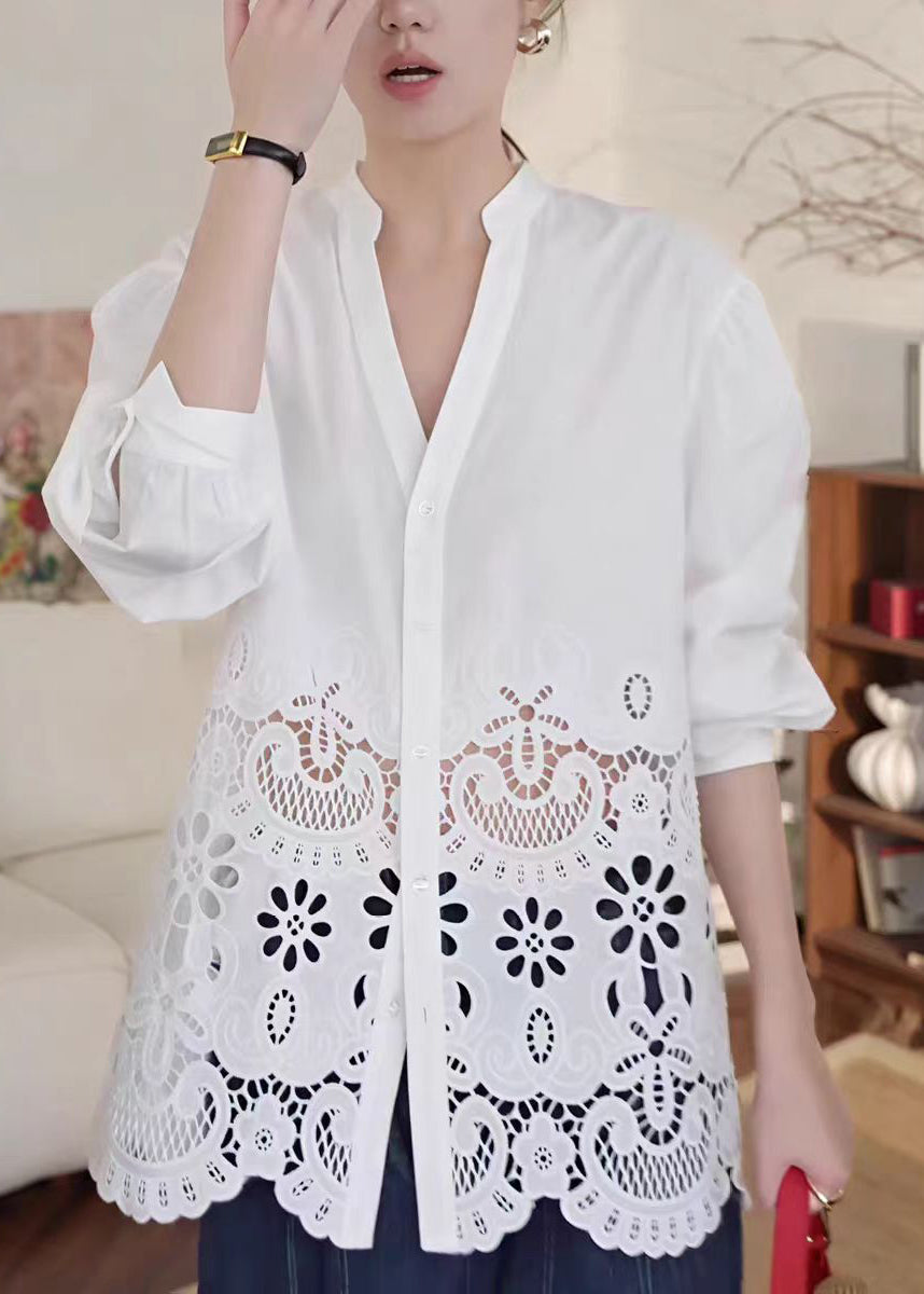Fashion White V Neck Hollow Out Cotton Blouse Tops Fall