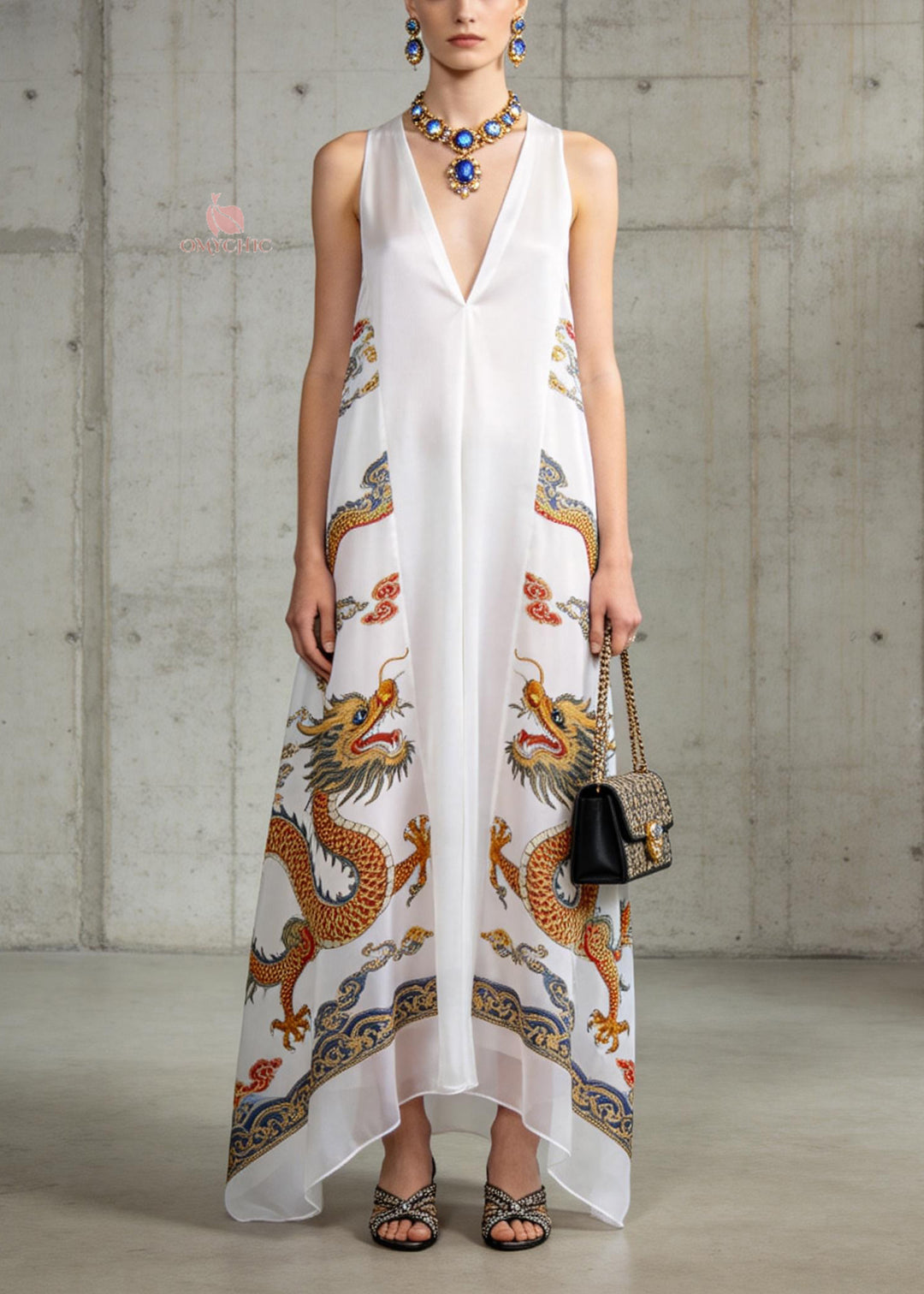 Fashion White V Neck Oriental Print Chiffon Long Dress Sleeveless - Omychic