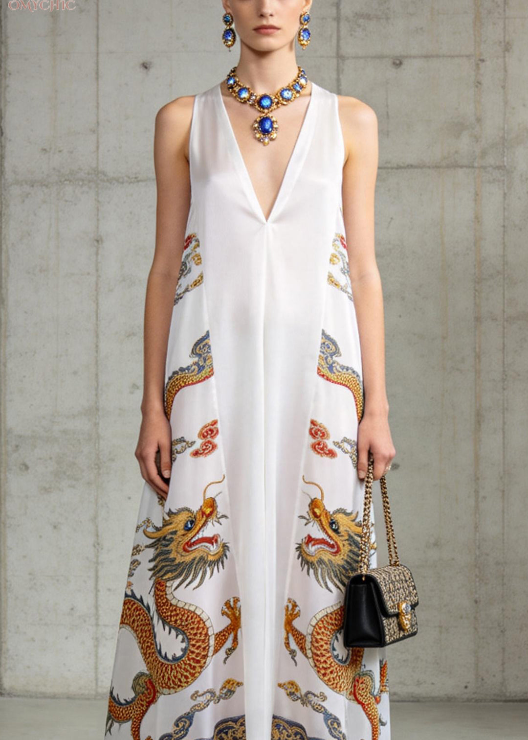Fashion White V Neck Oriental Print Chiffon Long Dress Sleeveless - Omychic