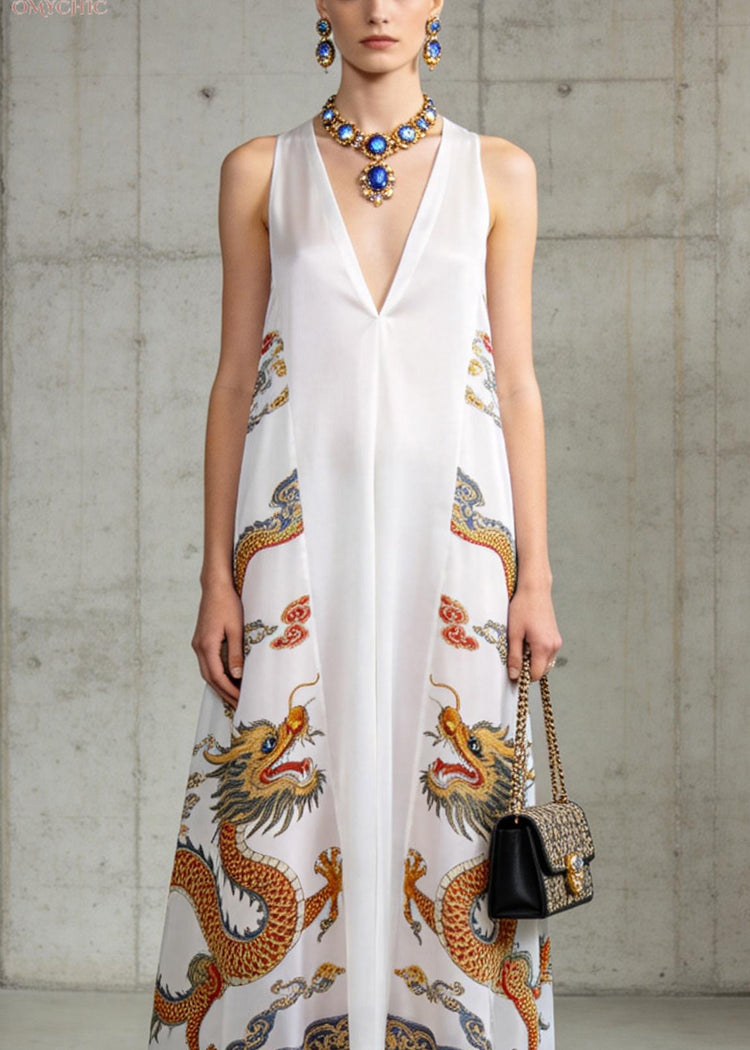 Fashion White V Neck Oriental Print Chiffon Long Dress Sleeveless - Omychic