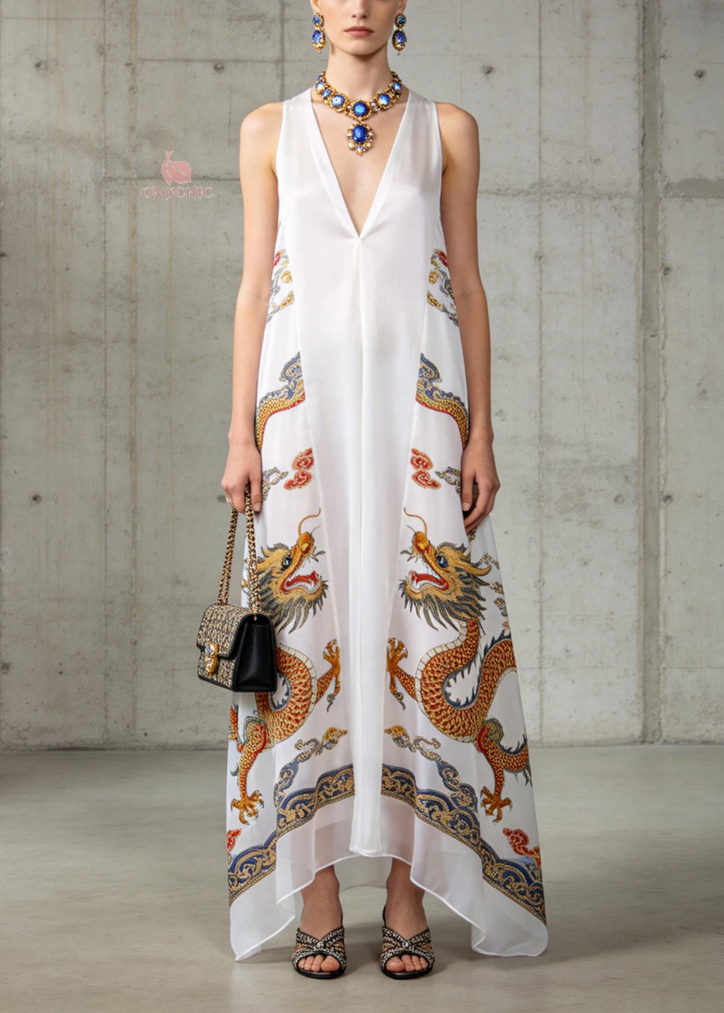 Fashion White V Neck Oriental Print Chiffon Long Dress Sleeveless - Omychic