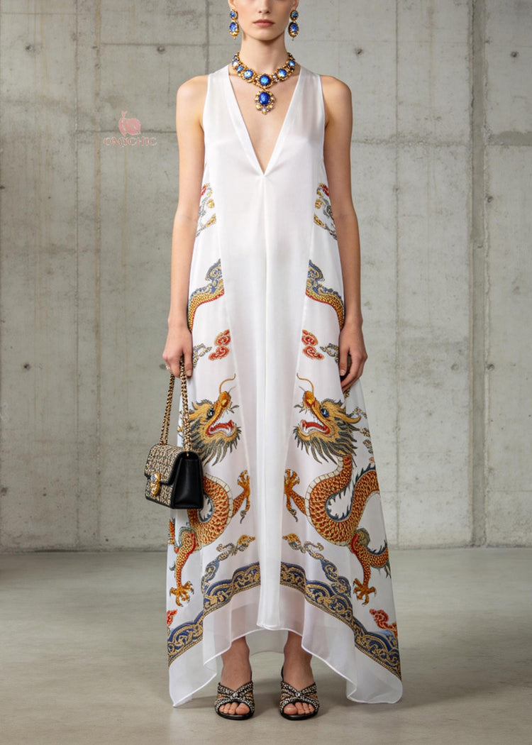 Fashion White V Neck Oriental Print Chiffon Long Dress Sleeveless - Omychic