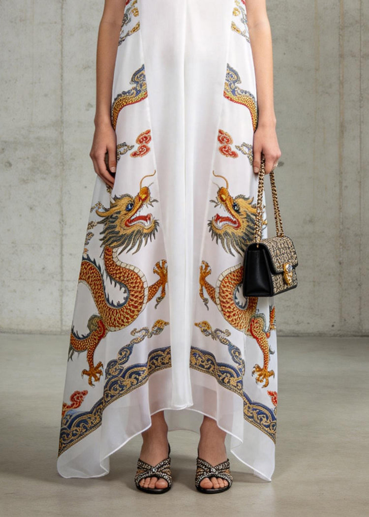 Fashion White V Neck Oriental Print Chiffon Long Dress Sleeveless - Omychic