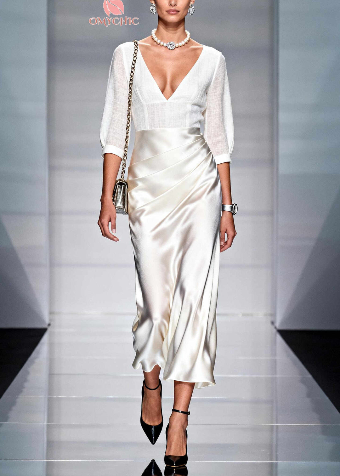 Fashion White V Neck Patchwork Wrinkled Linen Silk Long Dress Summer