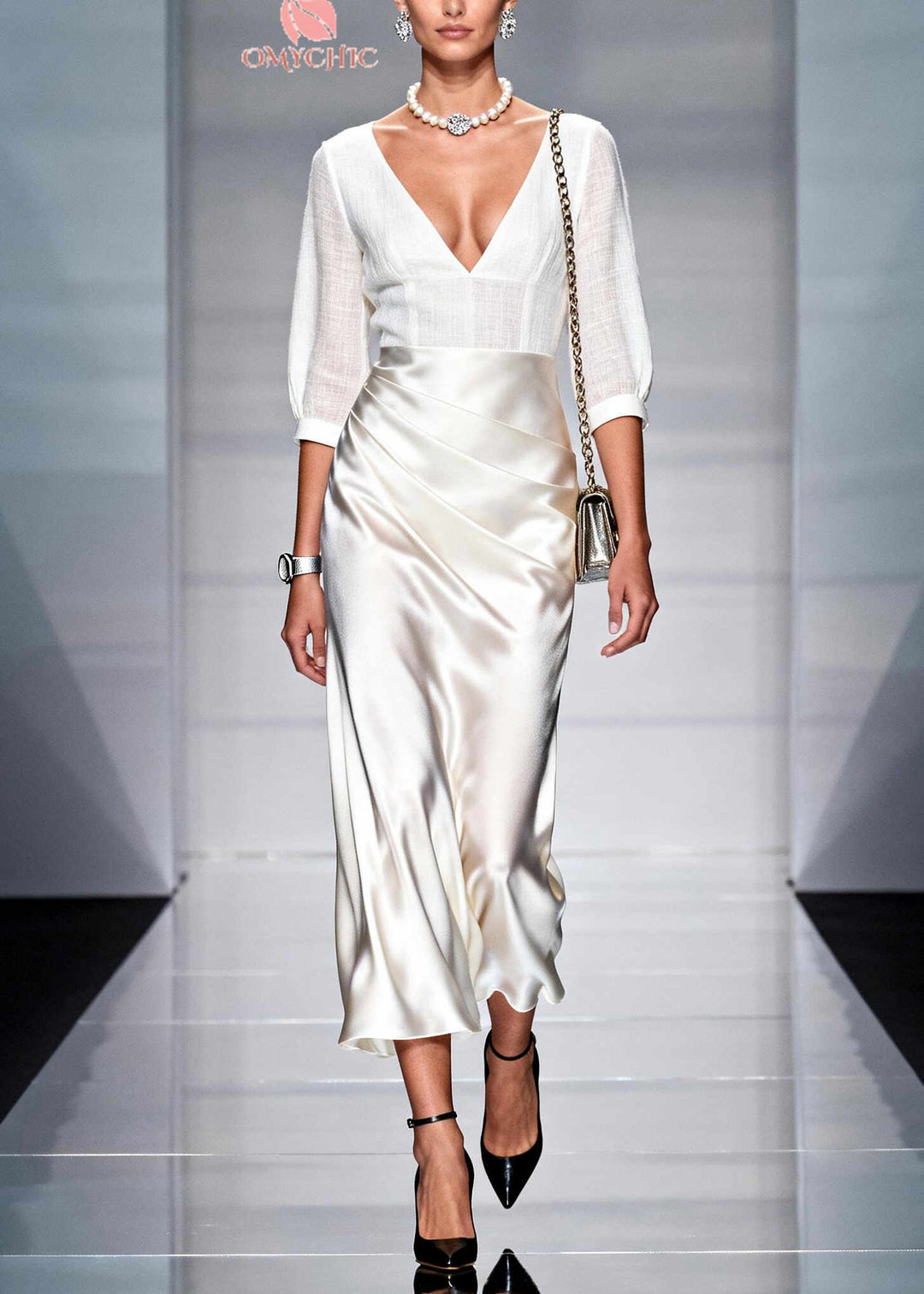 Fashion White V Neck Patchwork Wrinkled Linen Silk Long Dress Summer