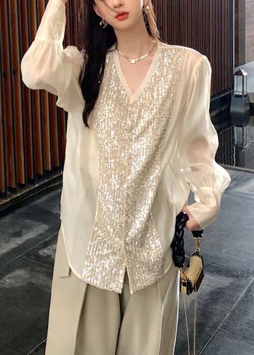 Fashion White V Neck Sequins Patchwork Silk Blouses Long Sleeve