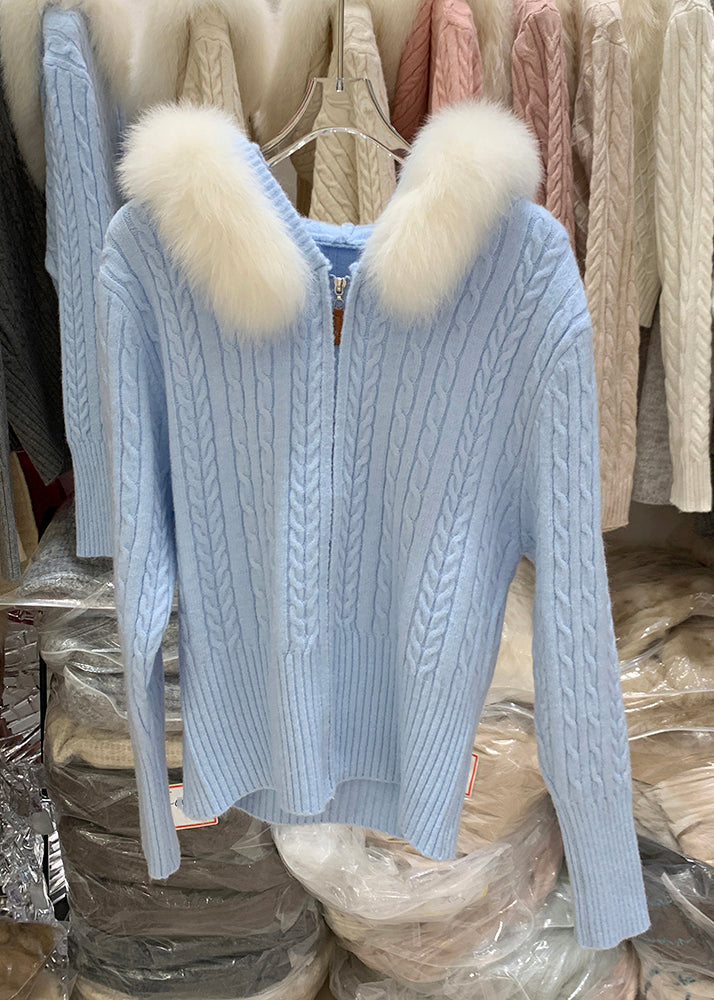 Fashion White Zippered Patchwork Hooded Cotton Knit Cardigan Winter