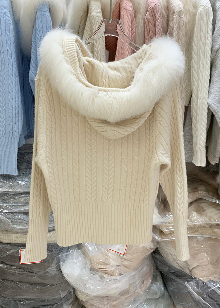 Fashion White Zippered Patchwork Hooded Cotton Knit Cardigan Winter