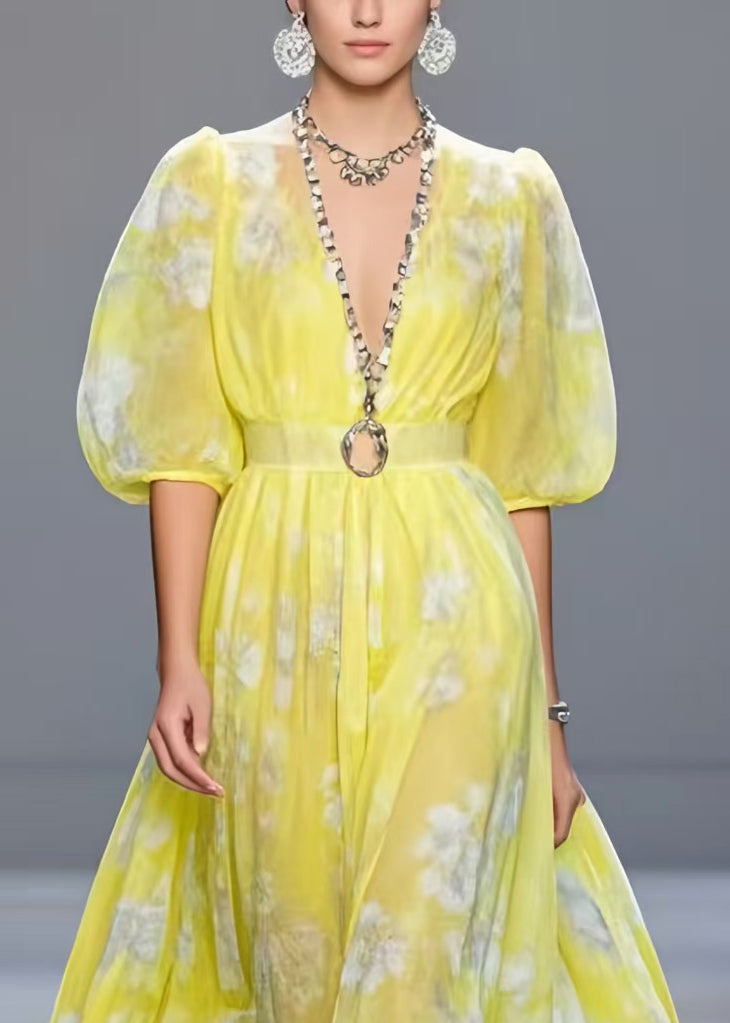 Fashion Yellow Cinched Print Chiffon Vacation Dresses Half Sleeve
