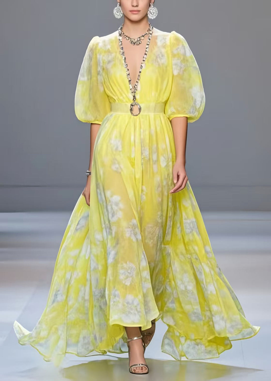 Fashion Yellow Cinched Print Chiffon Vacation Dresses Half Sleeve
