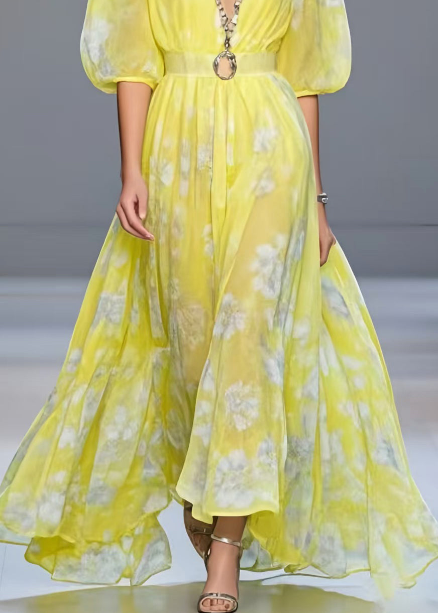 Fashion Yellow Cinched Print Chiffon Vacation Dresses Half Sleeve