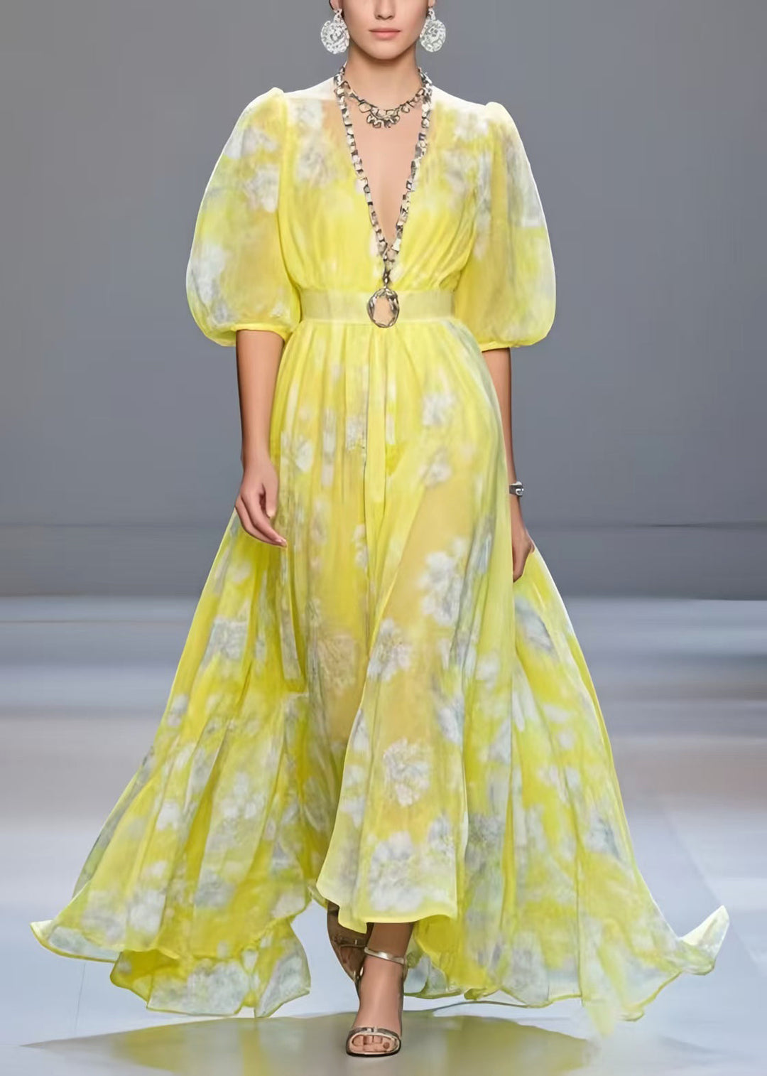 Fashion Yellow Cinched Print Chiffon Vacation Dresses Half Sleeve