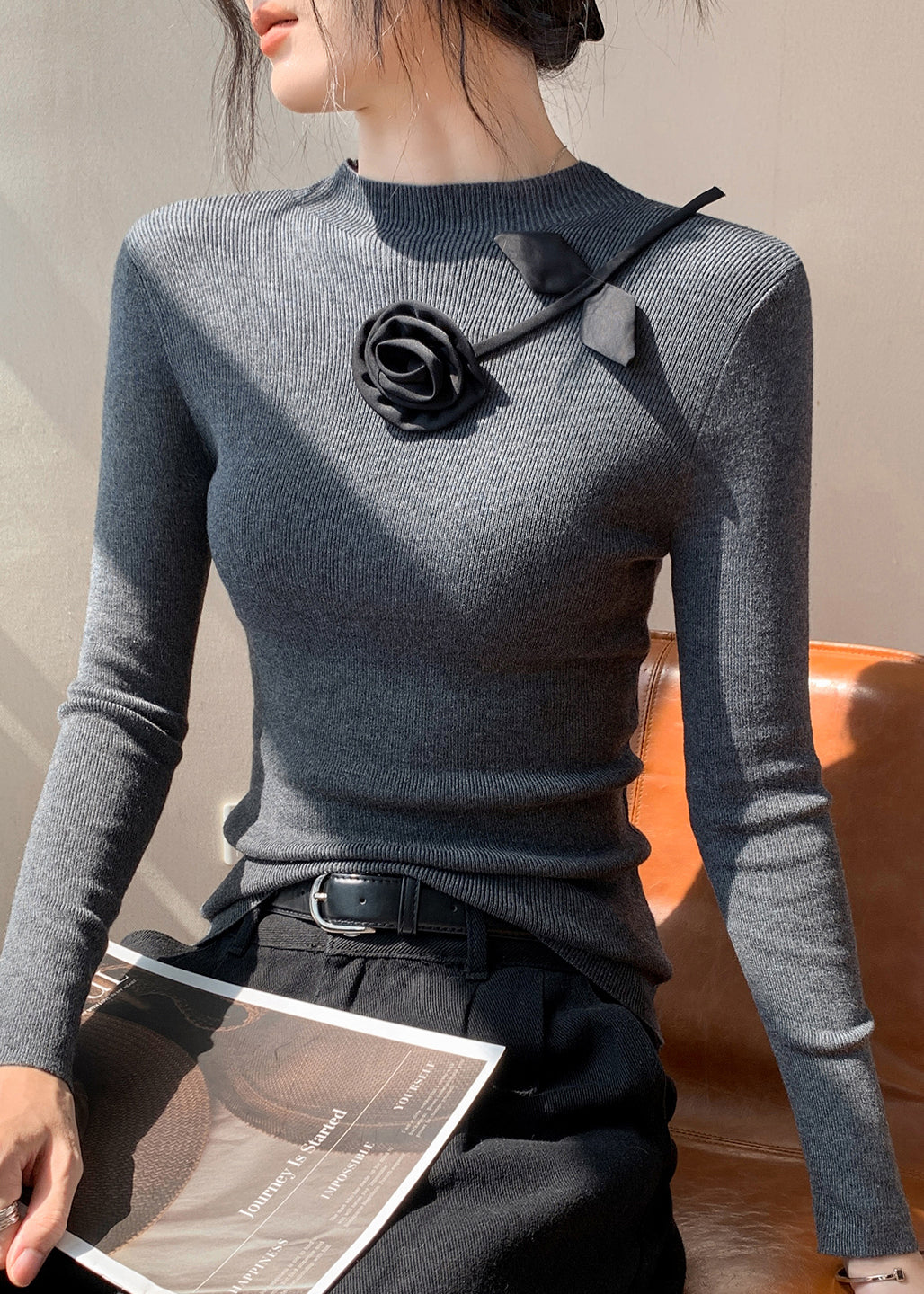 Fashion Yellow Floral Decorated Silm Fit Knit Tops Spring