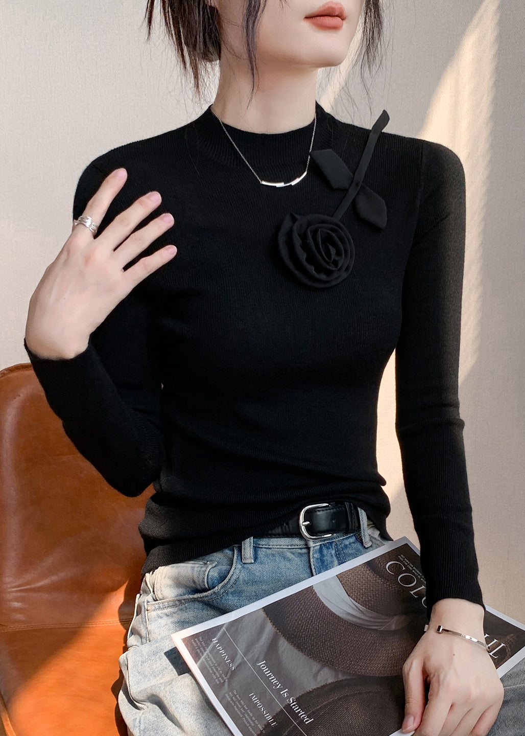 Fashion Yellow Floral Decorated Silm Fit Knit Tops Spring