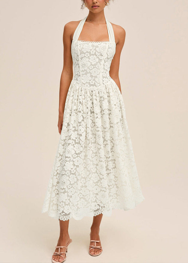 Fashion Yellow Hanging Neck Backless Lace Strapless Dress