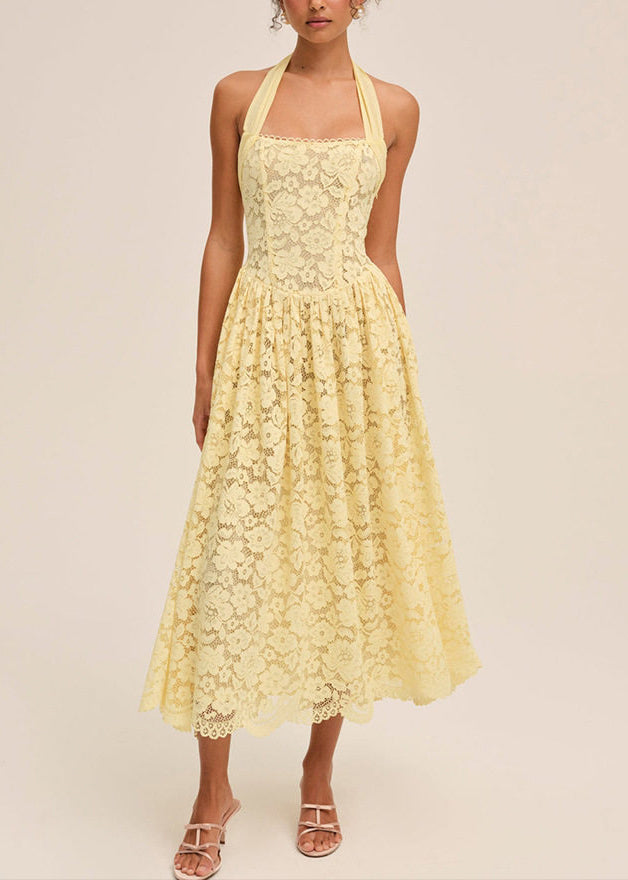 Fashion Yellow Hanging Neck Backless Lace Strapless Dress
